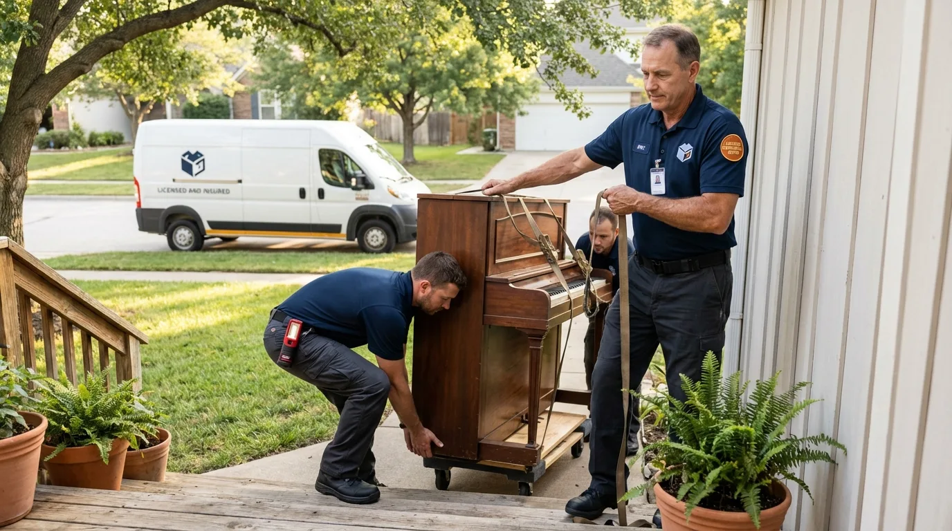 Licensed piano movers securing grand piano in Oakland, CA