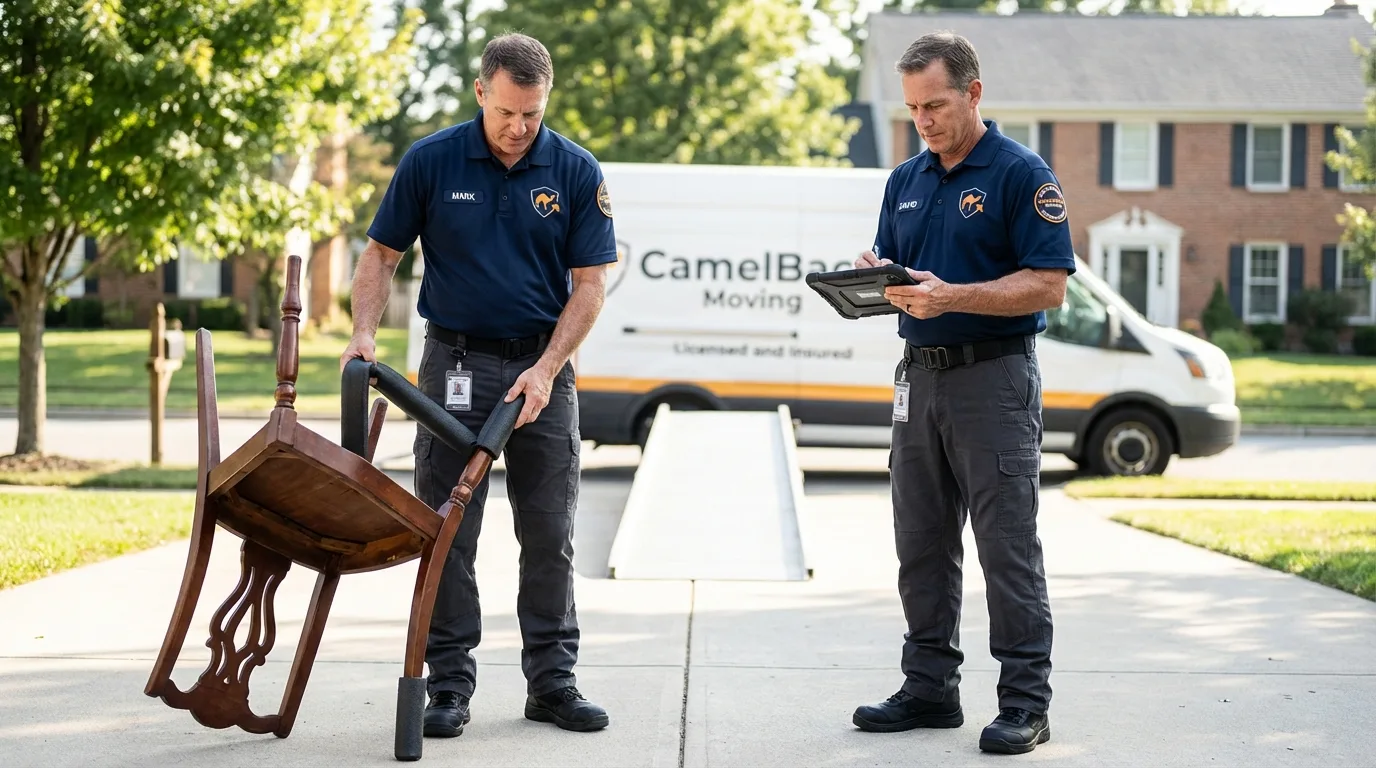Movers inspecting furniture for damage prevention before loading in Oakland, CA