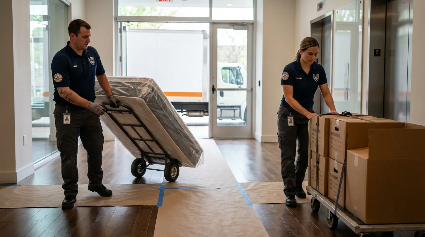 Professional apartment movers loading elevator in Oakland, CA